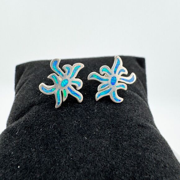 925 Sterling Silver Opal Inlay Blue Abstract Starburst Stud Earrings Southwester - Picture 1 of 8